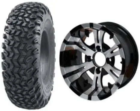 10" Machined/Black "VAMPIRE" Golf Cart Wheels and 22x11-10 All Terrain Golf Cart Tires - Set of 4