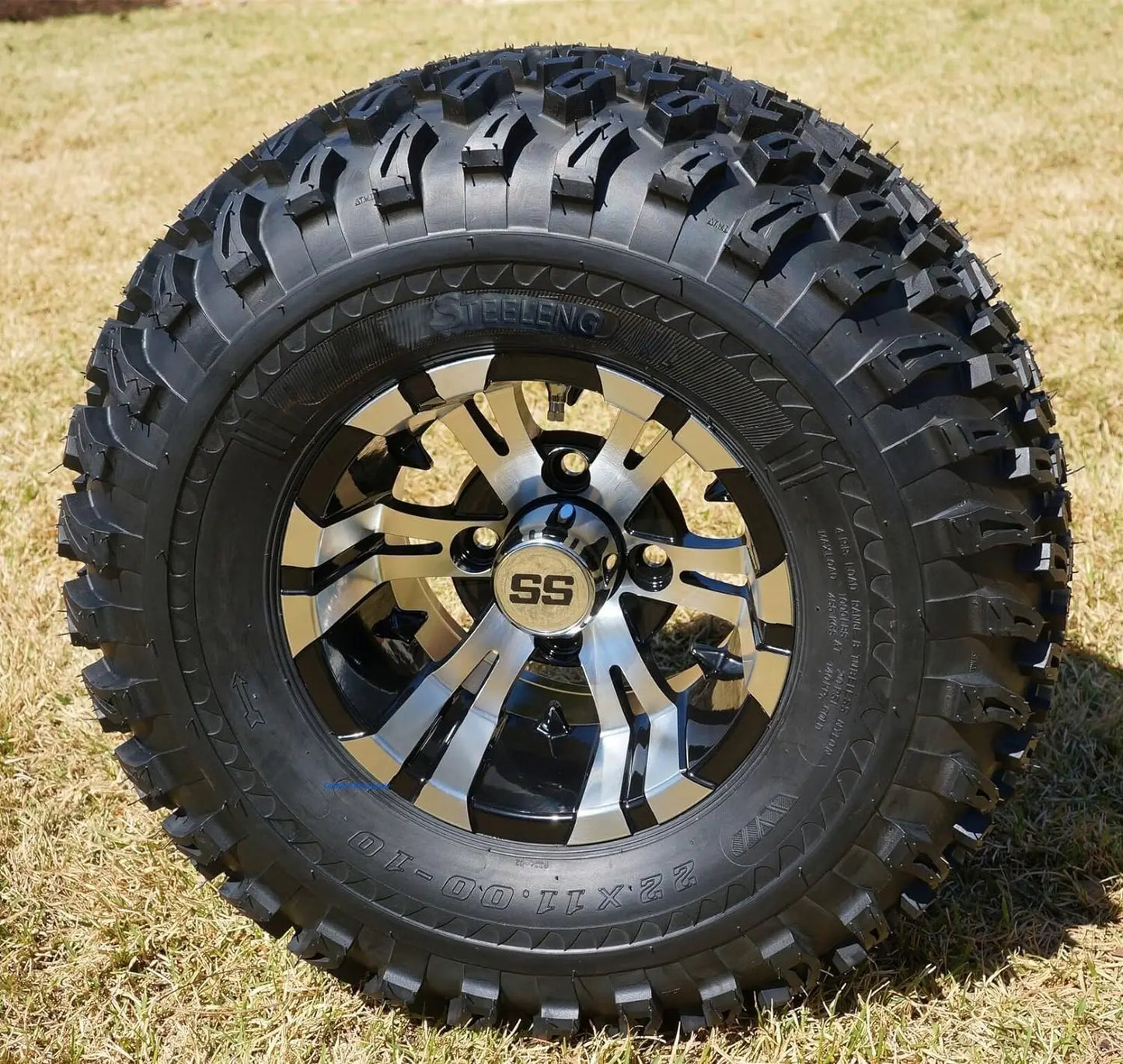10" Machined/Black "VAMPIRE" Golf Cart Wheels and 22x11-10 All Terrain Golf Cart Tires - Set of 4