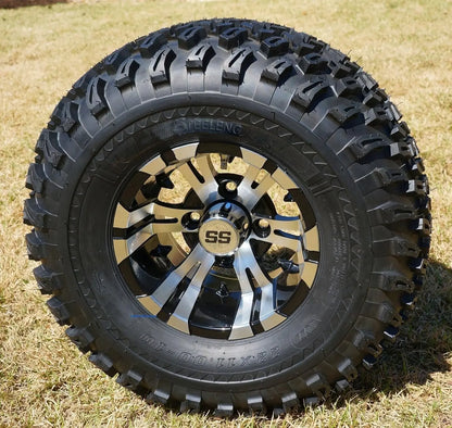 10" Machined/Black "VAMPIRE" Golf Cart Wheels and 22x11-10 All Terrain Golf Cart Tires - Set of 4