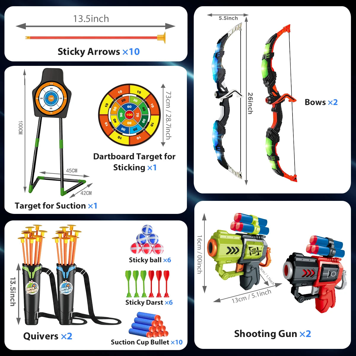 2X Bow Arrow + Guns Toy For Kids