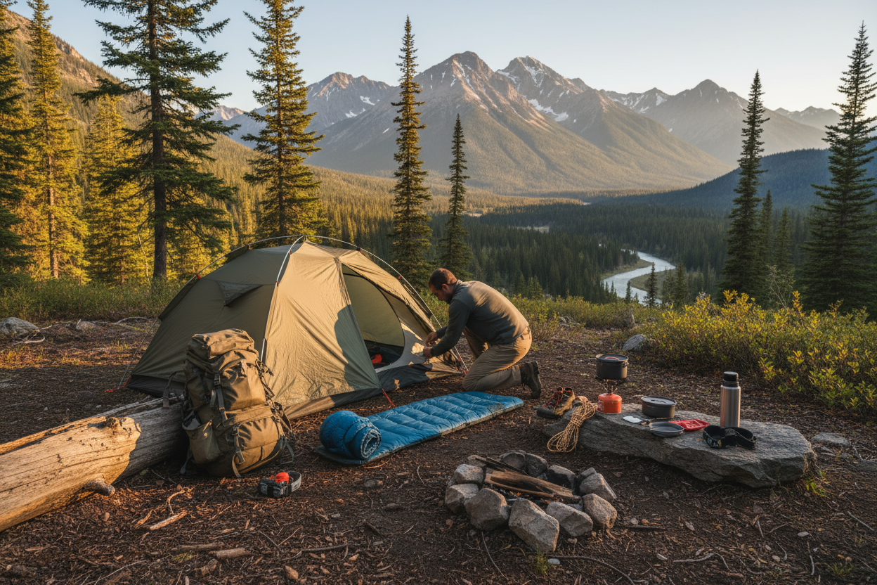create a realisitic image showing someone camping with outdoor suppliers