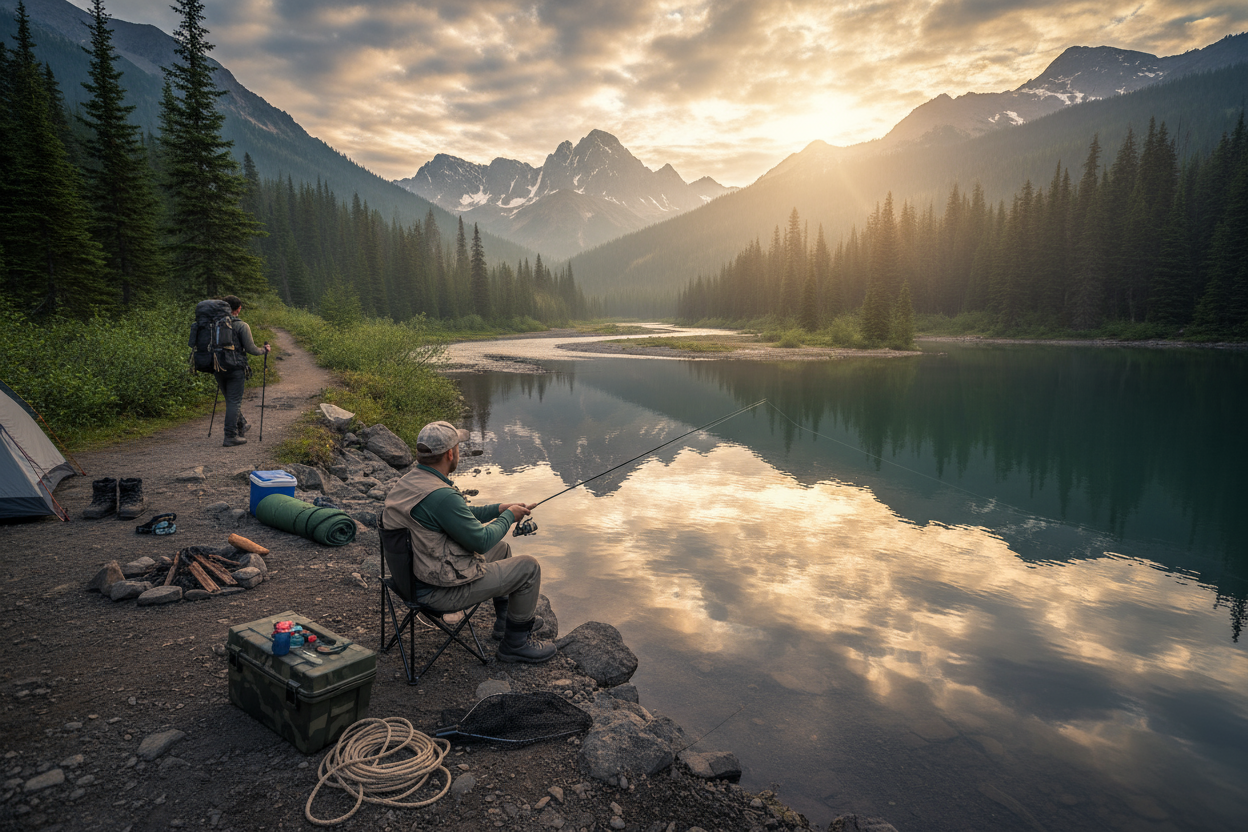 create a realistic image showing outdoor supplies, make it someone fishing and then another person hiking in the distance